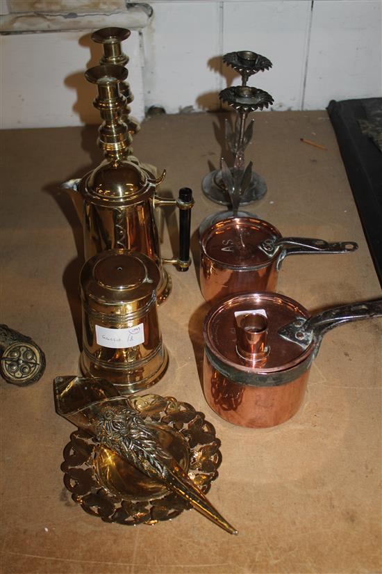 Pair Deco candlesticks & brassware